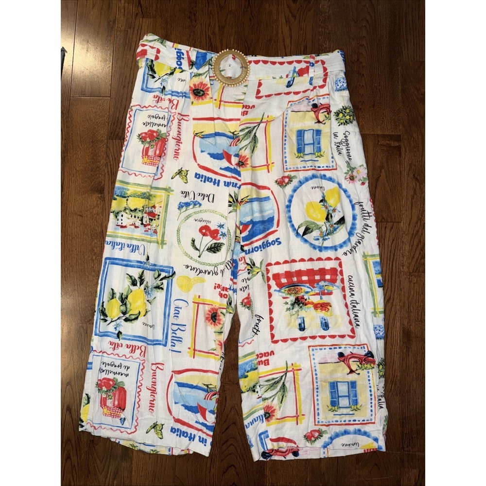 Unbranded Printed Linen Blend Cropped Pants With Belt XL Wide Leg Coastal Beach